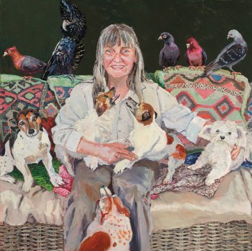 Chris with dogs and birds, 2016 by Lucy Culliton