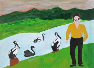 Untitled (boy beside river with 3 pelicans and swan) by Violet Frisby