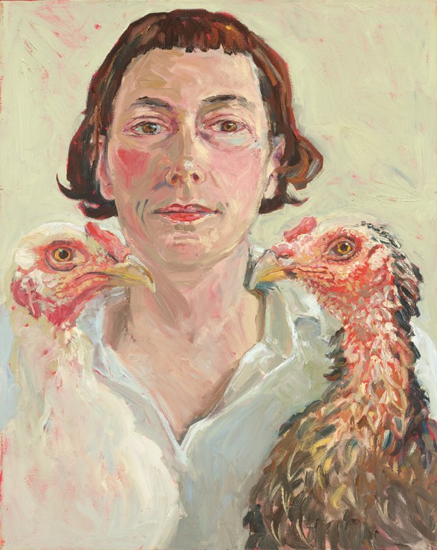 Self portrait with two chickens, 2003 by Lucy Culliton.