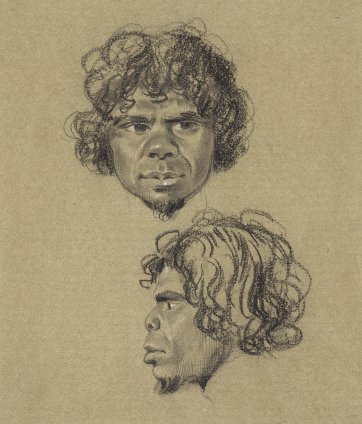 Two portrait views of the head of an un-named young bearded indigenous Australian man, full face and in profile to left, 1834-5