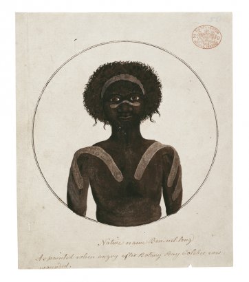 Native name Ben-nel-long, as painted when angry after Botany Bay Colebee was wounded, c. 1790