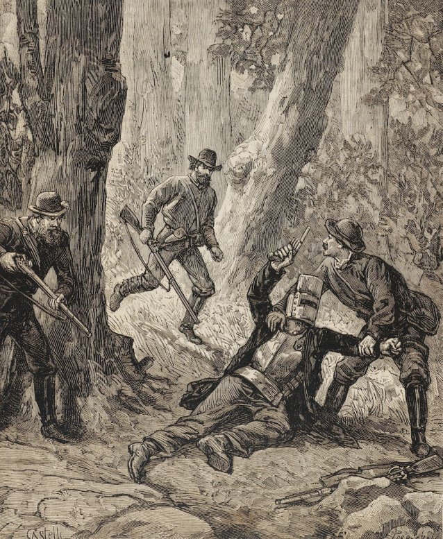 'Les Batteurs de Buisson en Australie - Une balle avait atteint le bandit au genou' Front cover of 'Journal des Voyages', 1884 depicting Ned Kelly