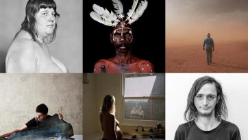 Nine square images of previous winners of the National Photographic Portrait Prize