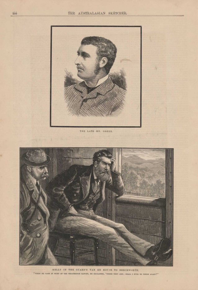 Kelly in the Guard's Van en route to Beechworth (from The Australasian Sketcher, 17 July 1880)