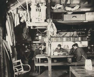 Interior of Commonwealth Bay living hut (L-R) Mertz, McLean, Madigan, Hunter and Hodgeman, 1912 Frank Hurley