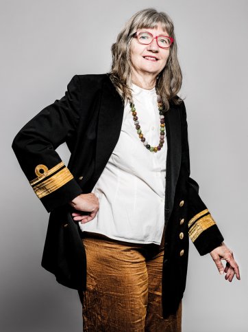 Sharon Peoples in her coat (after Captain Cook)