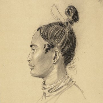 Portrait of Qualla[?] from Otago, New Zealand, a tattooed Maori man in profile to left, with, lower left, a detail of the tattoo between his eyebrows, 1834-5