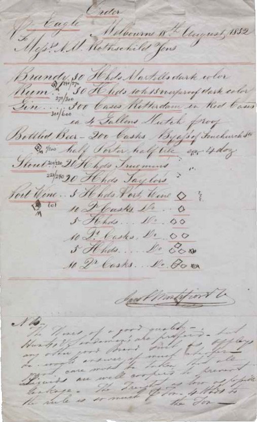List of beer, wines and spirits shipped by N M Rothschild & Sons to Montefiore. ‘NB – The wines of a good quality – Hunts and Sandemans are preferred.’ RA XI/38/7