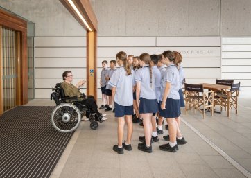 A school group in the forecourt