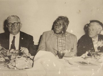 Dr HV Evatt, Albert Namatjira and Dame Mary Gilmore having a meal