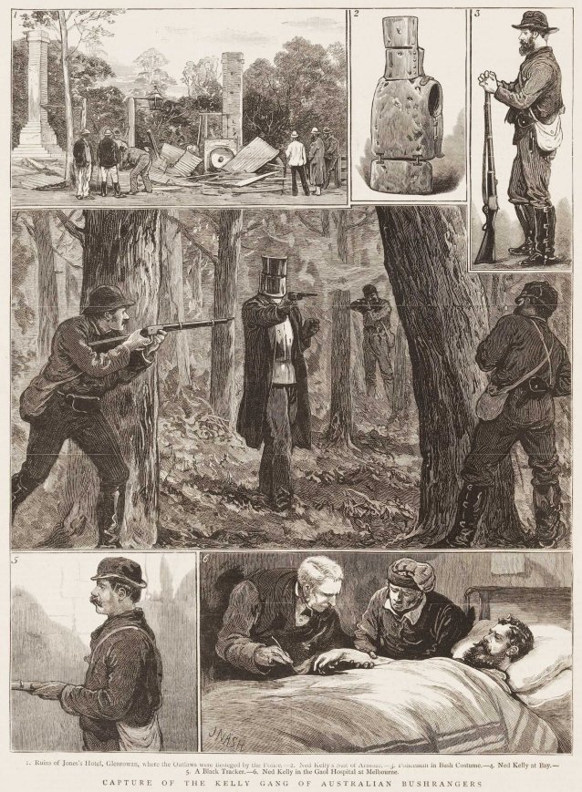 Capture of the Kelly Gang of Australian Bushrangers.- 1. Ruins of Jones's Hotel, Glenrowan where the outlaws were besieged by the Police.- 2. Ned Kelly's Suit of Armour.- 3. Policeman in Bush Costume.- 4. Ned Kelly at Bay.- 5. A Black Tracker.- 6. Ned Kelly in the goal Hospital at Melbourne.