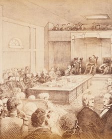 Opening of the First Legislative Council of Victoria, by Governor Charles Joseph LaTrobe, at St Patrick's Hall, Bourke Street West, Melbourne. November 13th 1851. From sketches taken at the time by William Strutt.
