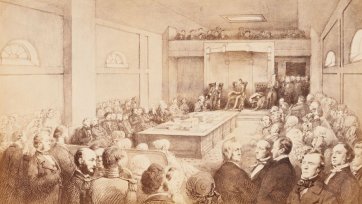 Opening of the First Legislative Council of Victoria, by Governor Charles Joseph LaTrobe, at St Patrick's Hall, Bourke Street West, Melbourne. November 13th 1851. From sketches taken at the time by William Strutt.