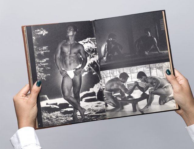 Left page: Hitoshi Kato. Right page: Shigeo Sakai (l) and Hitoshi Kato (r) – both top and bottom from Young Samurai – Bodybuilders of Japan Photography by Tamotsu Yato