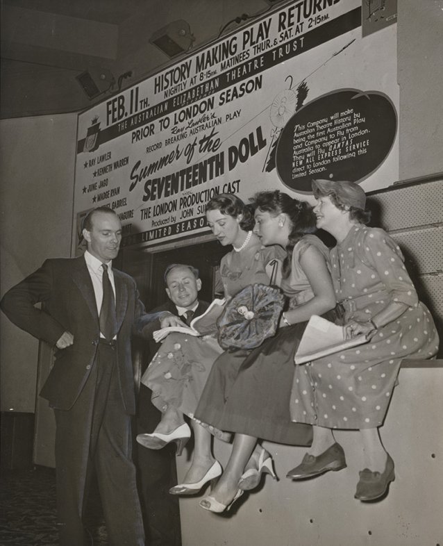 'History making play returns'. The Doll company: John Sumner, Ray Lawler, Madge Ryan, Fenella Maguire, Ethel Gabriel 1957