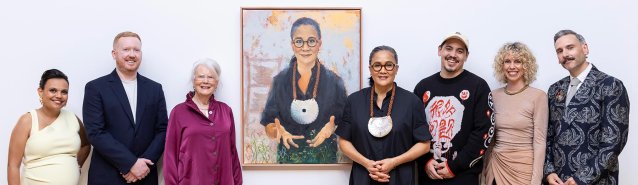 Portrait Artist of the Year group photo of Jennifer Croom and Kylie Kwong with the hosts and judges.