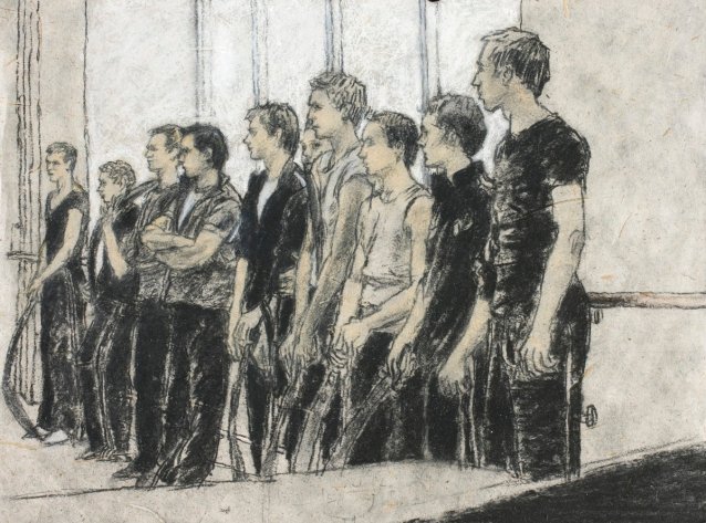 Study of male ballet dancers standing in a line