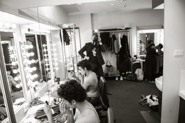 Collaboration – Sam Goraya, 
Santosh Ram and Samir Kumar Panigrahi backstage before a performance of Kundalini: The Awakening!, n.d.