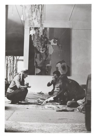 Fay Bottrell (left) with artworks by David Campbell and Fay Bottrell, c. 1980