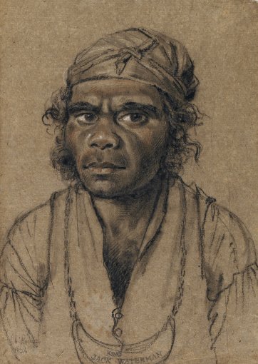 Bust-length portrait of King Jack Waterman, an indigenous Australian man, wearing a gorget, or kingplate, around his neck and a scarf or bandanna around his head, 1834