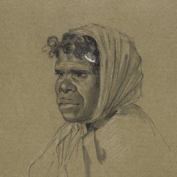 Bust length portrait of Biddy Salamander, an indigenous Australian woman from the Broken Bay tribe, wearing a head-scarf, turned half to the left, 1834-5