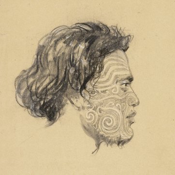 Portrait of Oltery[?] Chief of Otago, New Zealand, a heavily-tattooed Maori man in profile to right, 1834