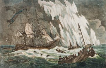 Distressing situation of the Guardian sloop, Capt Riou, after striking on a floating Island of ice, 1809