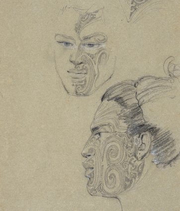 Two views, full face and in profile to left, of the head of Taekghi[?] from Kangango[?], a heavily tattooed Maori man, with a detail of the tattoo on his forehead, 1834-5