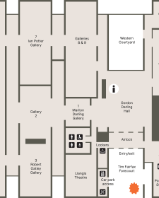 A floorplan of the Gallery showing the location of the entrance, cafe, shop and toilets