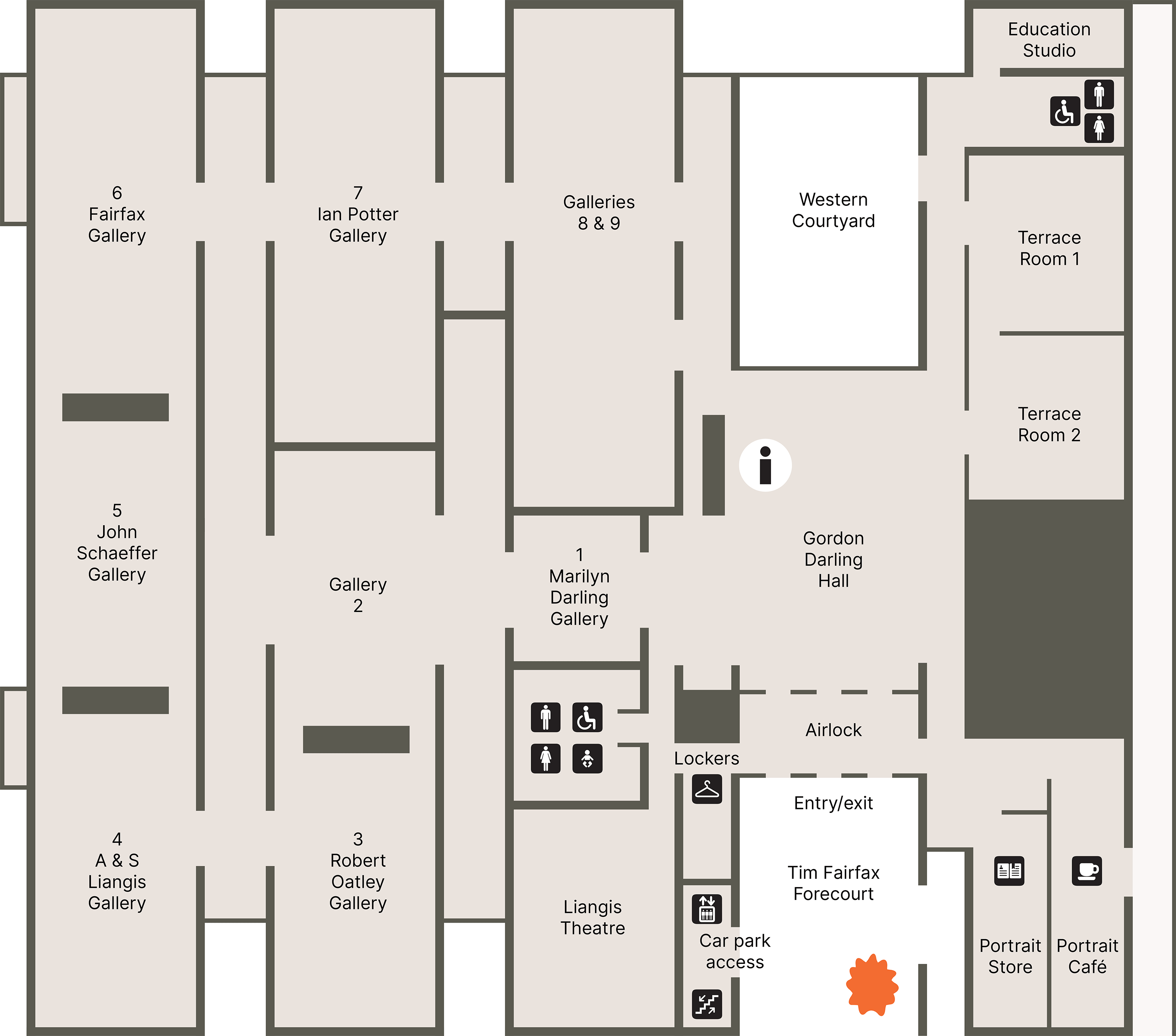 A floorplan of the Gallery showing the location of the entrance, cafe, shop and toilets