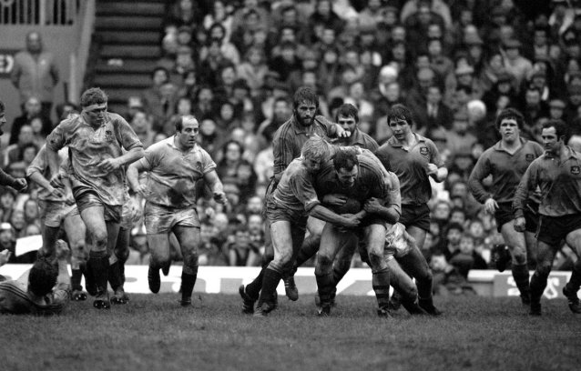 Australia’s Mark Loane is tackled by England’s Peter Winterbottom at Twickenham 1981