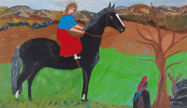 Untitled (self portrait on black horse) by Violet Frisby