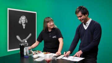 Presenters from the National Portrait Gallery and Questacon presenter with strawberries on a table