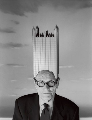 Philip Johnson wearing the PPG Building (costume designed and constructed by Joseph Hutchins, Works N. Y.), by Josef Astor, 1996 publ. July 1996.
Credit: Josef Astor