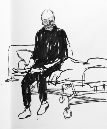 John Bell sitting on bed by Nicholas Harding