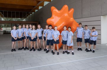 The Geo Face Distributor sculpture at the Gallery entrance