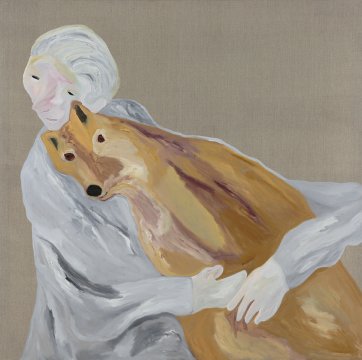 Dr Jane Goodall with dingo, 2015 by Darren McDonald
Private collection, Melbourne and courtesy of Scott Livesey Galleries