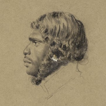 Portrait of Nunberri, Chief of the Nunnerahs, an indigenous Australian man, wearing a high collar, in profile to left, 1834-5