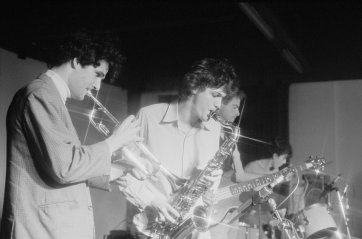 The Lighthouse Keepers, ANU Union, Canberra, 1983. Steven Williams (drums), Blue (Michael Dalton- bass), Hairy (Stephen O'Neil- sax), Alex Hamilton (trumpet) 'pling