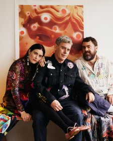 Romance Was Born designers Anna Plunkett and Luke Sales with artist Samuel Hodge (centre)
 Photo: Daniel Goode