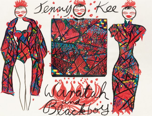 Design sketch for ‘Waratah and Blackboy’ beach ensemble, 1988–1989 Jenny Kee