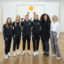 CommBank Matildas Clare Wheeler, Courtney Nevin, Teagan Micah, Clare Hunt, artist Angela Tiatia and National Portrait Gallery Director Bree Pickering.