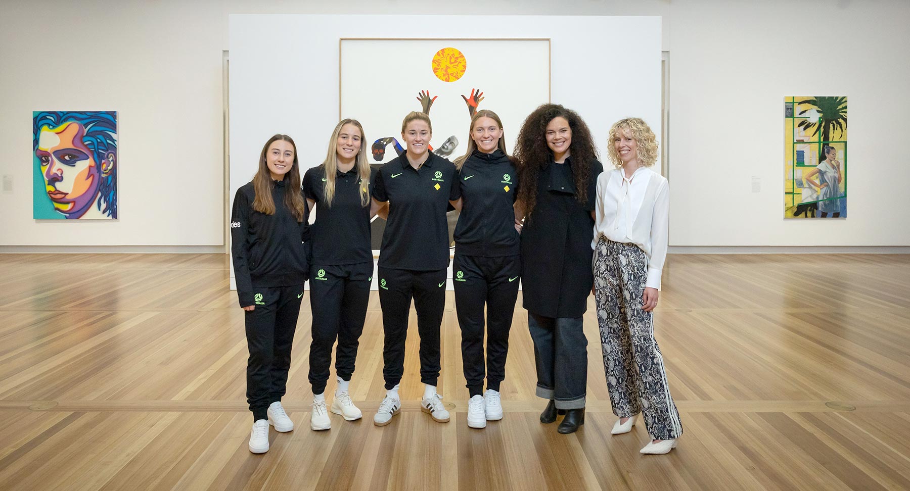 CommBank Matildas Clare Wheeler, Courtney Nevin, Teagan Micah, Clare Hunt, artist Angela Tiatia and National Portrait Gallery Director Bree Pickering.
