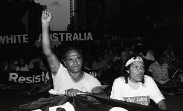 Adrian Jones and Julie Zurvas in anti Bicentenary Protest, Brisbane, 1987 Michael Aird